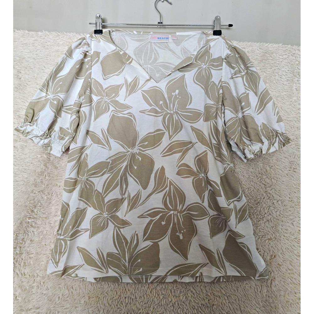 Belle Beach by Kim Gravel Floral Knit V-Neck Puff Sleeve Ruffle Top S
